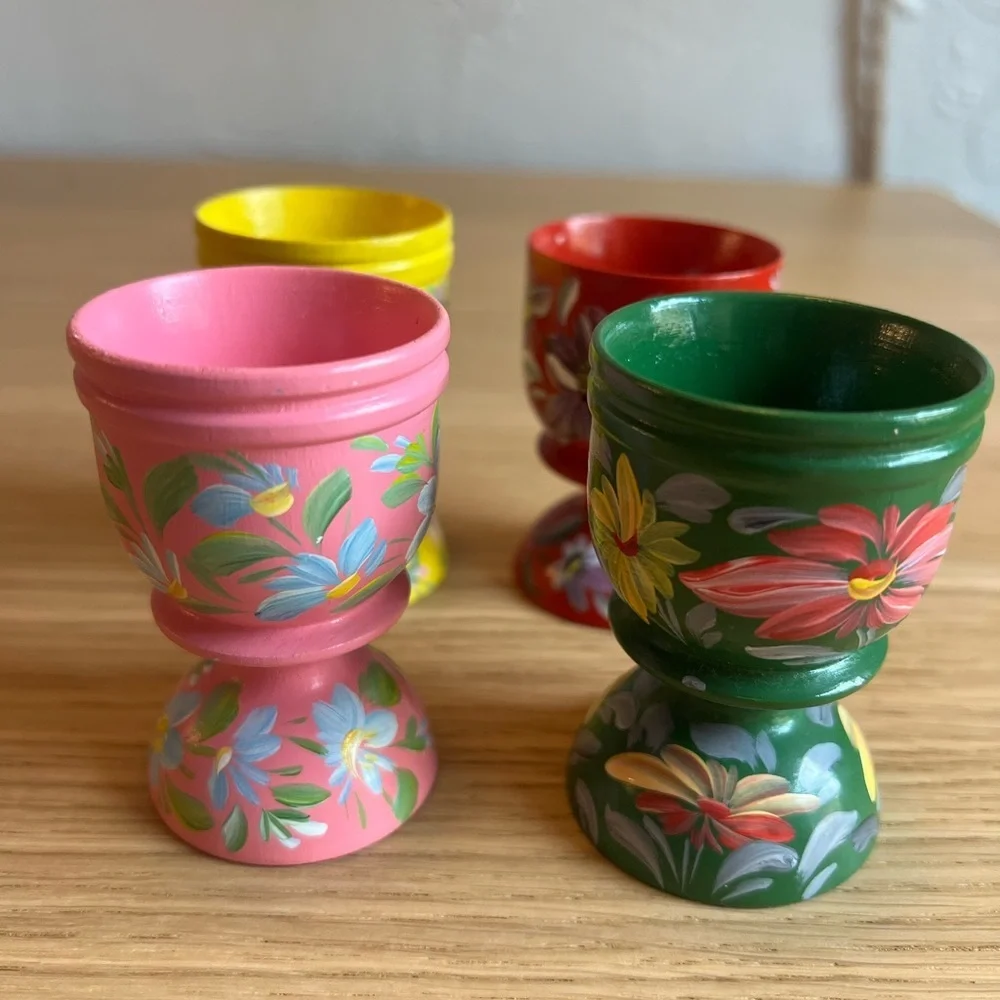 Set of 4 Hand-Painted Wooden Hungarian Farmhouse Egg Cups – Floral Vintage Decor